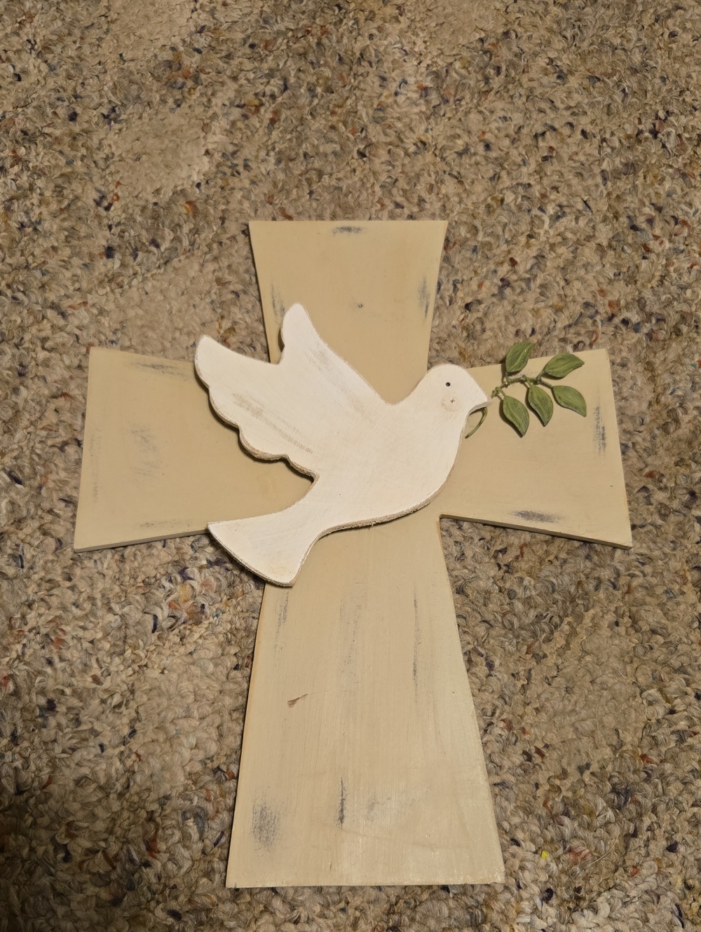 Wooden Cross Wall Decor with White Dove and Olive Branch